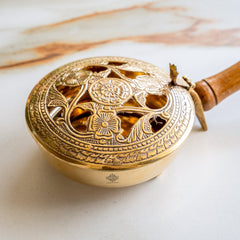 Brass Dhoopdan with Embossed Lid and Wooden Handle