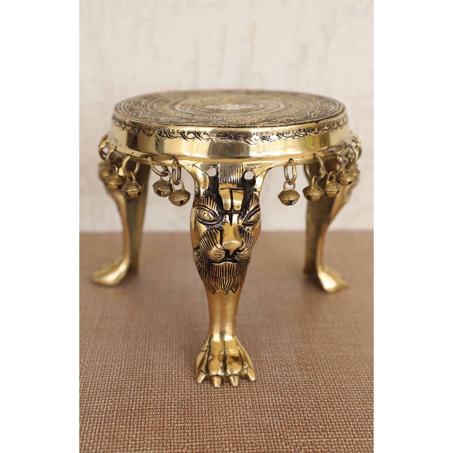 Brass Chowki with Antique Dark Deep Chakra Embossed Design, Decor Item For Home, Hotel & Restaurants, Size- 7.5x19.05 cm