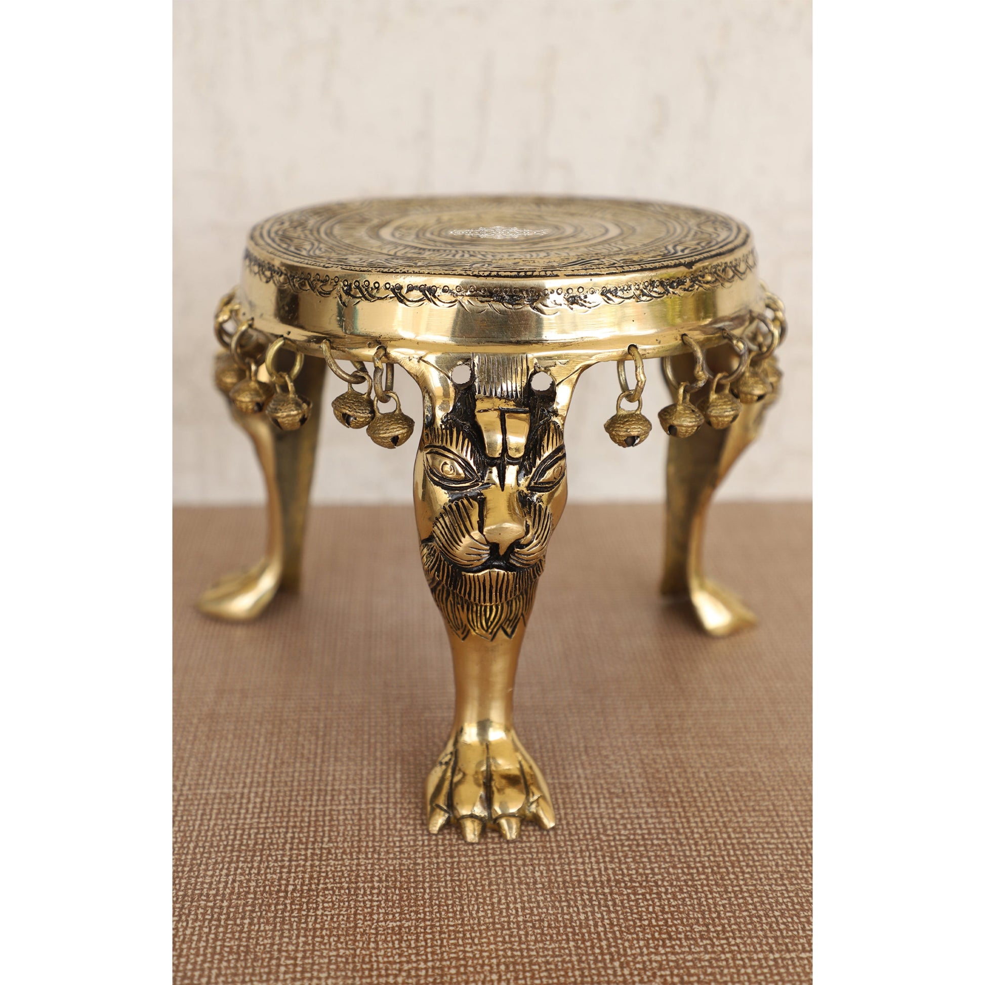 Brass Chowki with Antique Dark Deep Chakra Embossed Design, Decor Item For Home, Hotel & Restaurants, Size- 7.5x19.05 cm