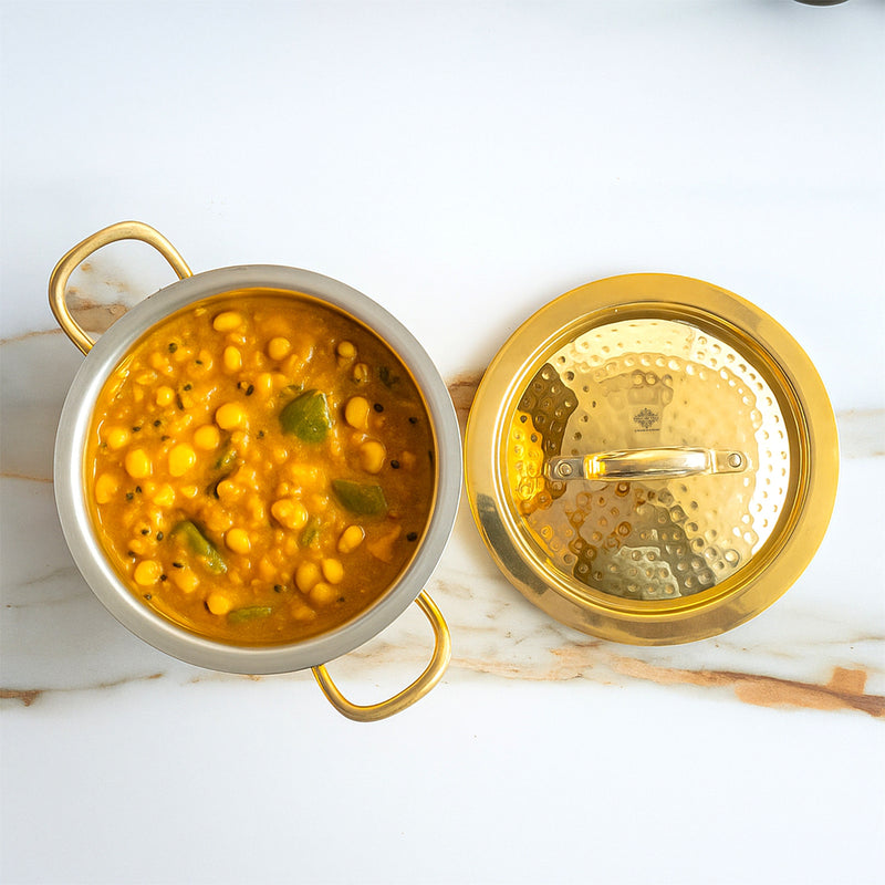 Pure Brass Pot Hammered Design With Tin Lining and Lid