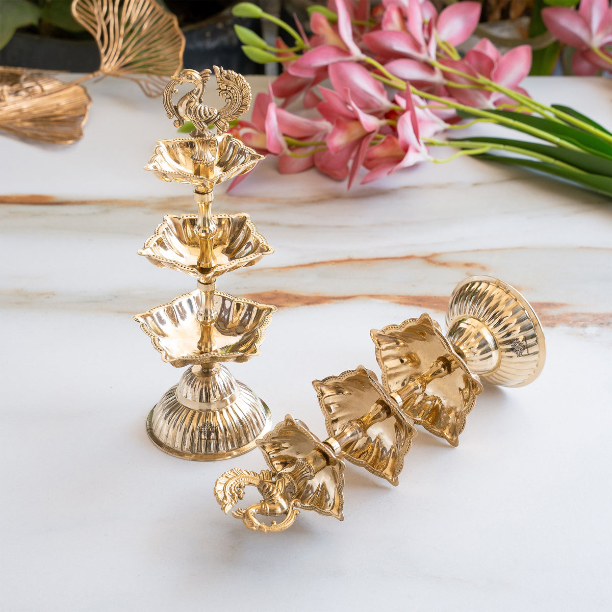 Brass Three-Tier Pillar Diya Set of 2 for Pooja & Home Décor