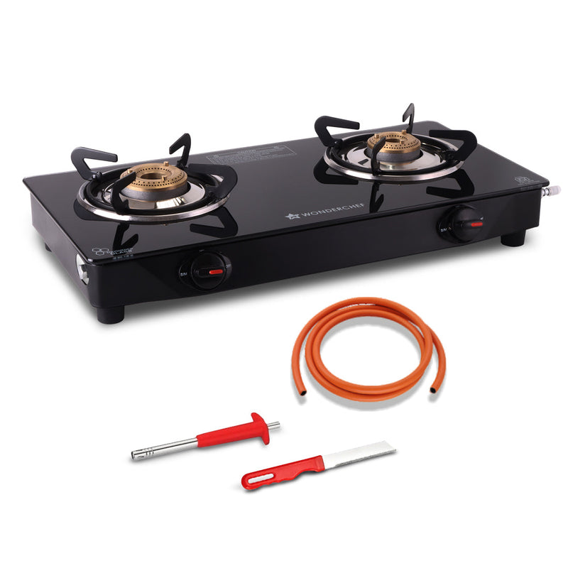 Wonderchef Zest Neo Gas Stove | 2 Burners (1 Medium, 1 Small) | Premium Glass Surface | Space Saving Design | Brass Burn