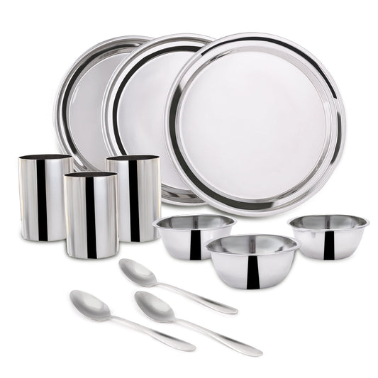 Venice Stainless Steel Dinner Set of 12pcs | Plates, Glasses, Bowls, Spoons | Classic Design and Gloss Finish | 100% Food-grade Stainless Steel | Non-corrosive, Unbreakable | Easy to Clean