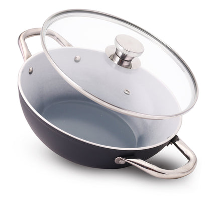 Eco-Glide Kadhai with Glass Lid | | Chemical-free Ceramic Coating | 24cm, 2.5L | Healthy, Low Oil Meals | Scratch-resistant | Stainless-steel Handle | Gas & Induction Compatible | Grey