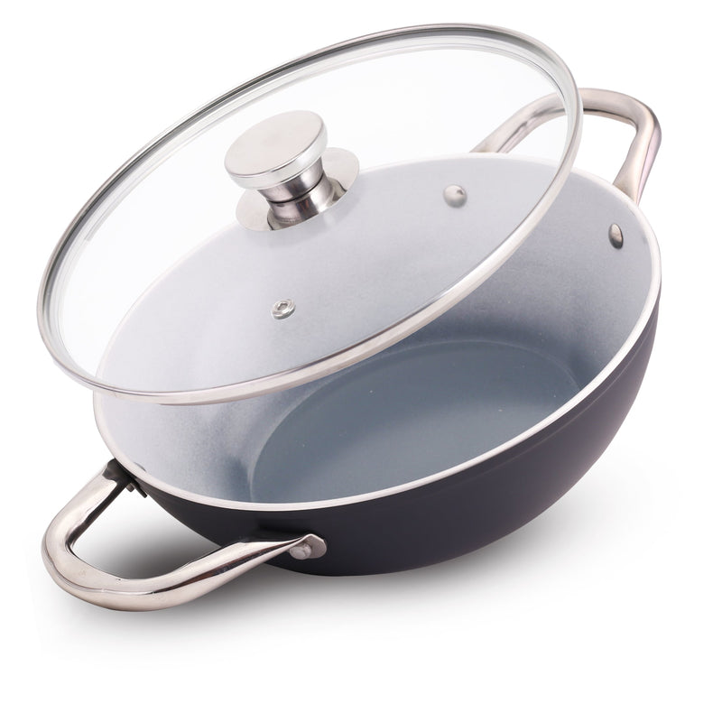 Eco-Glide Kadhai with Glass Lid | | Chemical-free Ceramic Coating | 28cm, 4.3L | Healthy, Low Oil Meals | Scratch-resistant | Stainless-steel Handle | Gas & Induction Compatible | Grey