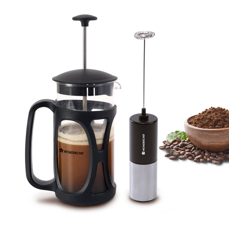 Wonderchef French Press Coffee Maker 350 ml with Milk Frother | Heat Resistant Borosilicate Glass Carafe | 18/8 Stainles