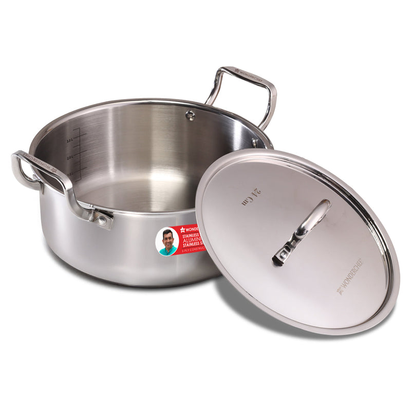Wonderchef Stella Triply Stainless Steel Casserole with Lid | 24 cm, 4.5 Litres | Compatible with Gas Stove, Induction, 