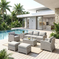 Bien Outdoor Garden Balcony Sofa Set 3 Seater, 2 Single seater, 2 Ottoman and 1 Center Table Conversation Set (Grey)