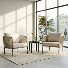Madera Outdoor Patio Seating Set 2 Chairs and 1 Table Set (Beige) Braided & Rope