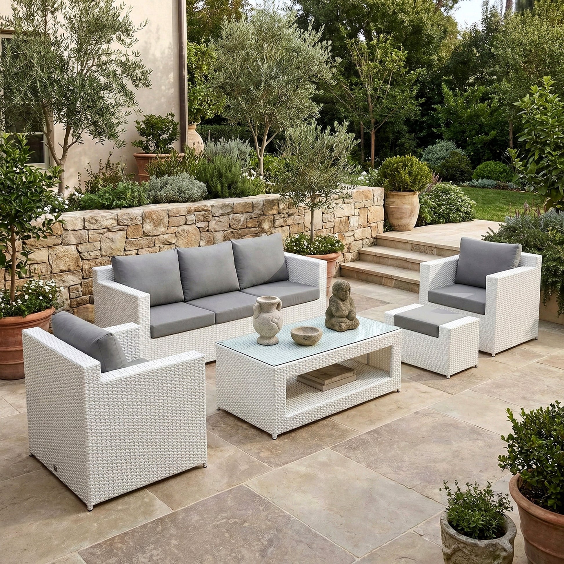 Nicholas Outdoor Sofa Set 3 Seater , 2 Single seater With Ottoman and 1 Center Table Set (White)