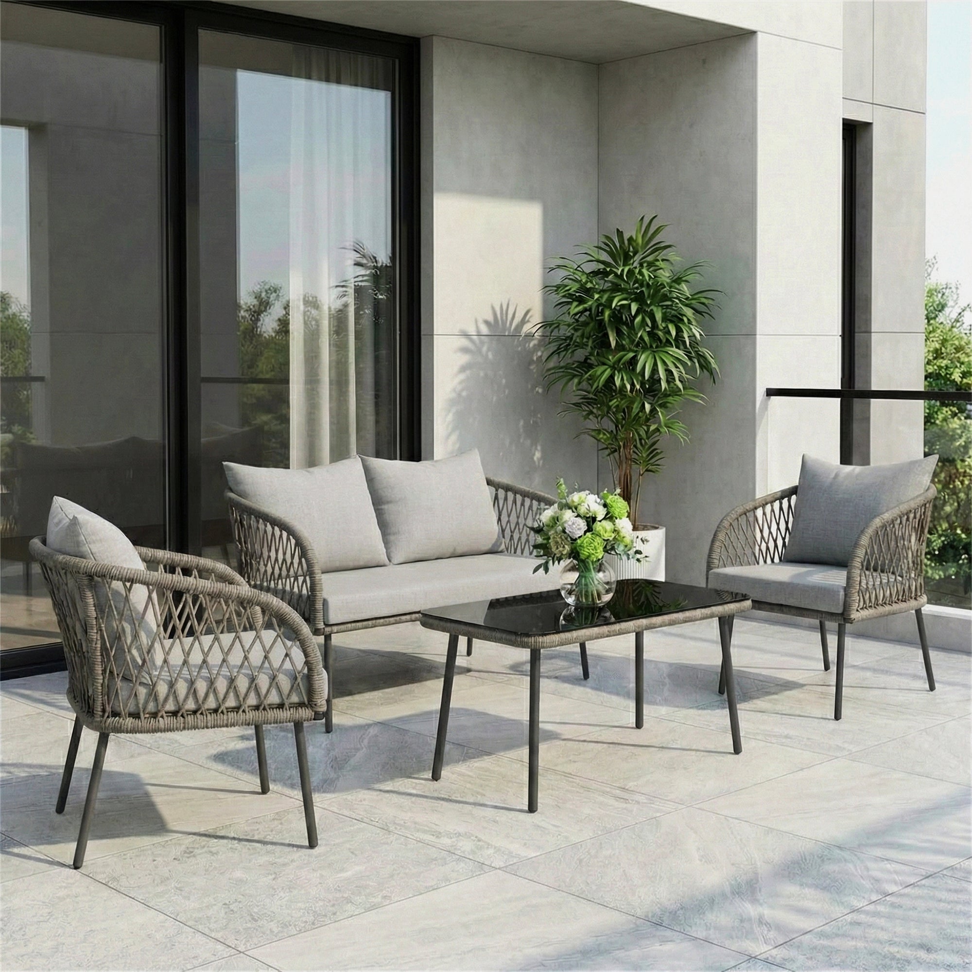 Kanto Outdoor Garden Balcony Sofa Set 2 Seater , 2 Single Seater 1 Center Table Braided and Rope