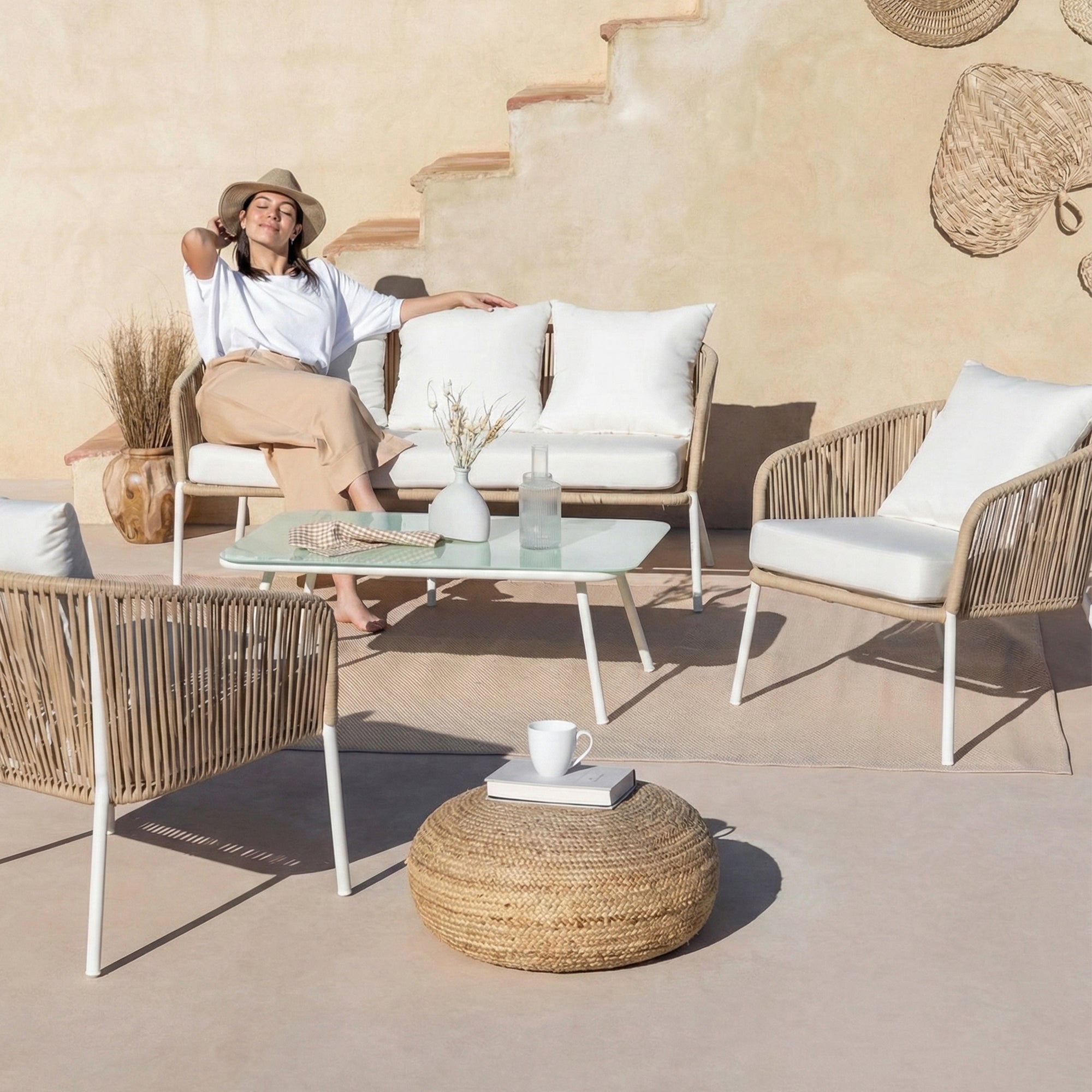 Rumi Outdoor Garden Balcony Sofa Set 3 Seater , 2 Single Seater 1 Center Table Set (White-Beige) Braided and Rope