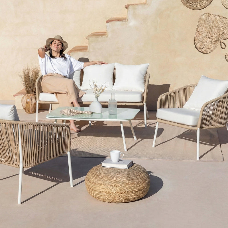 Rumi Outdoor Garden Balcony Sofa Set 3 Seater , 2 Single Seater 1 Center Table Set (White-Beige) Braided and Rope