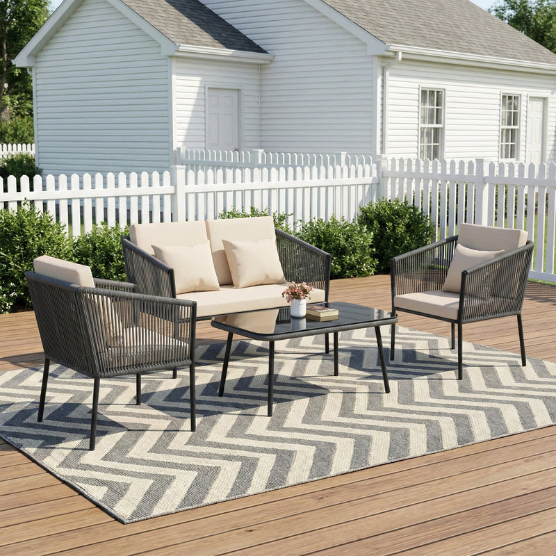 Parna Outdoor Garden Balcony Sofa Set 2 Seater , 2 Single Seater 1 Center Table Set Braided and Rope