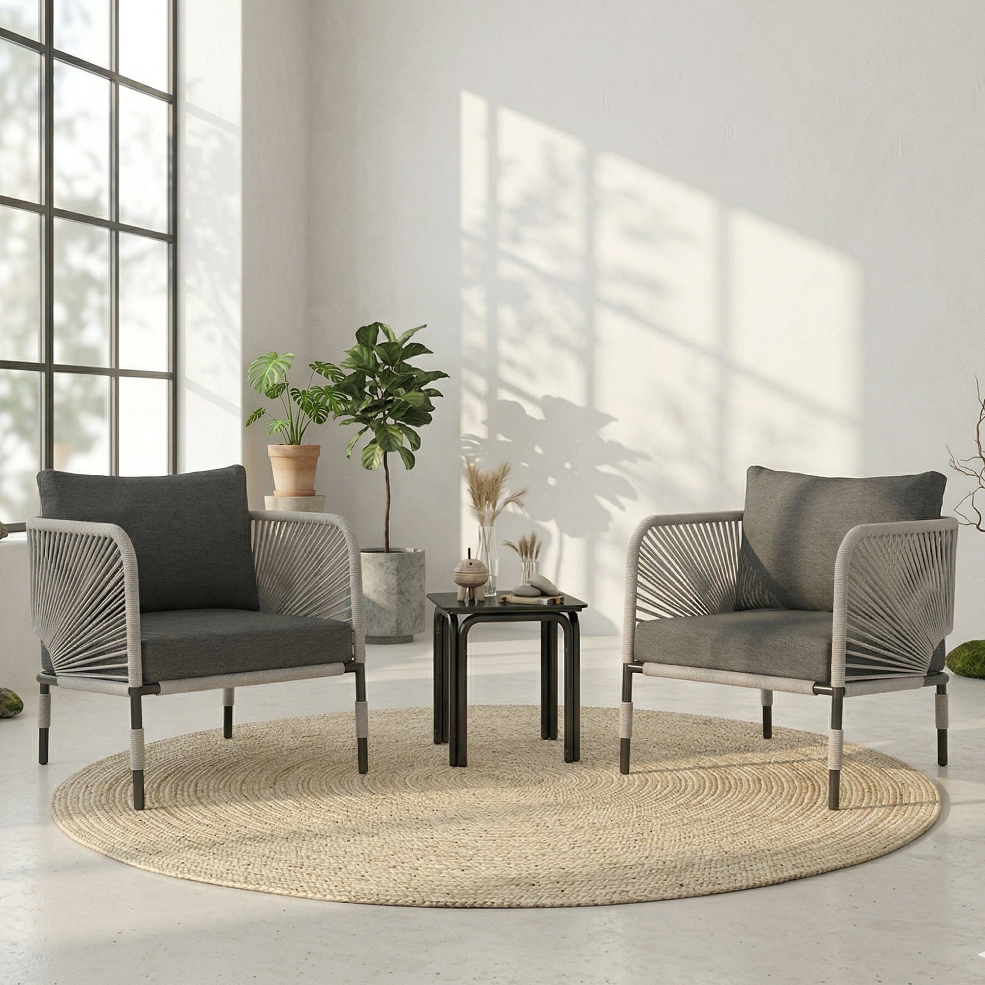 Werner Outdoor Patio Seating Set 2 Chairs and 1 Table Set (GREY) Braided & Rope