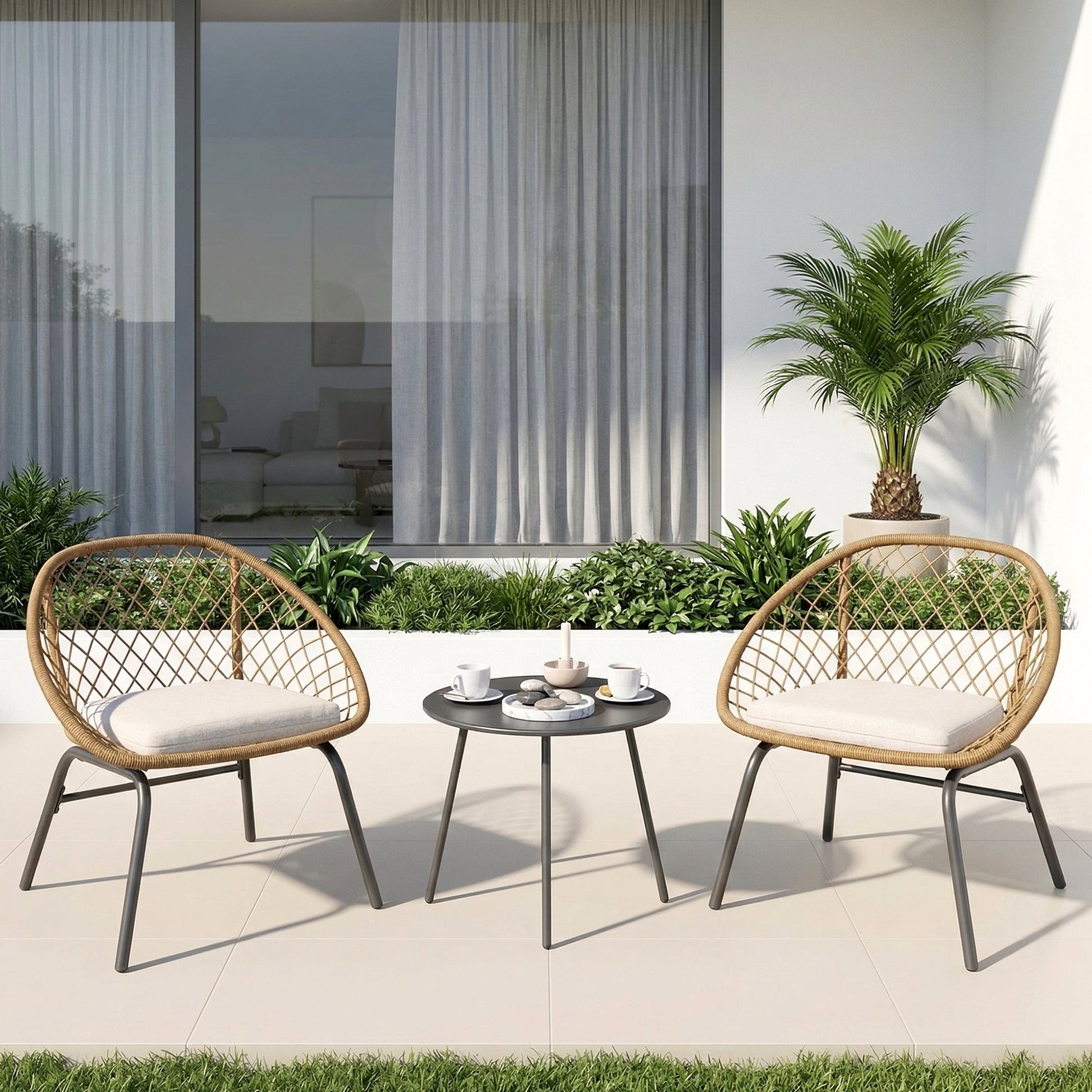 Lecco Outdoor Patio Seating Set 2 Chairs and 1 Table Set (Beige)