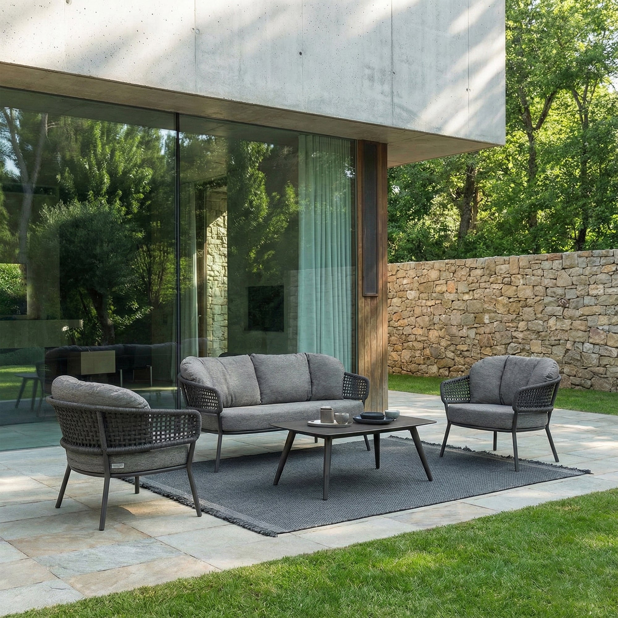 Puff Outdoor Sofa Set 3 Seater , 2 Single seater and 1 Center Table Set (Black) Braided & Rope