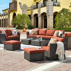 Nura Outdoor Garden Balcony Sofa Set  4 Seater, 2 seater,  2 Single Seater with 2 ottoman and 2 Center Table Set (Brown)