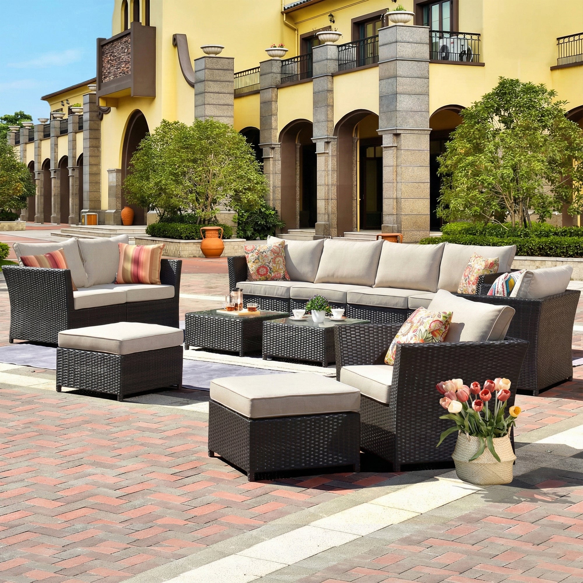 Nura Outdoor Garden Balcony Sofa Set  4 Seater, 2 seater,  2 Single Seater with 2 ottoman and 2 Center Table Set (Brown)