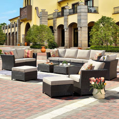 Nura Outdoor Garden Balcony Sofa Set  4 Seater, 2 seater,  2 Single Seater with 2 ottoman and 2 Center Table Set (Brown)