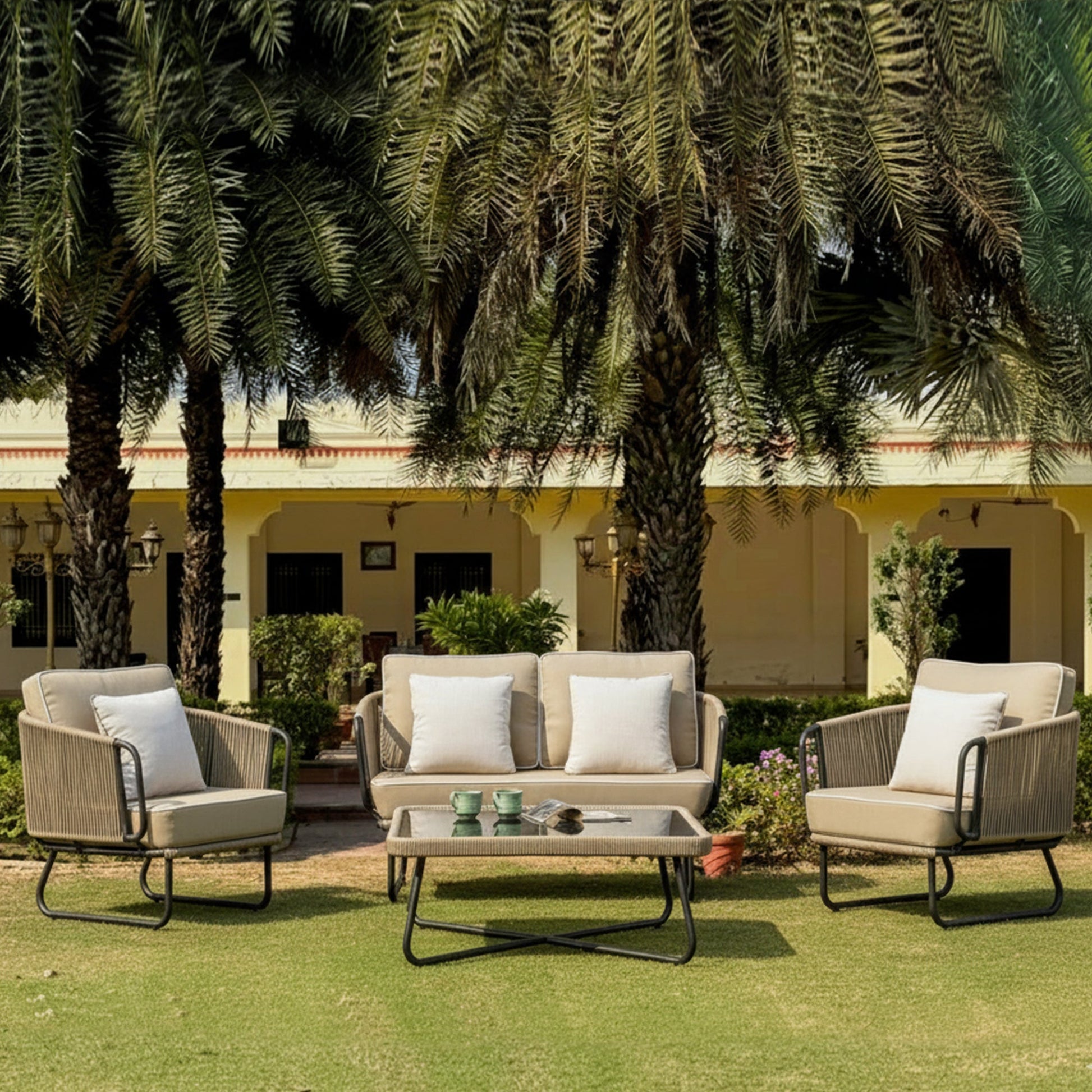 Pinon Outdoor Garden Balcony Sofa Set 2 Seater , 2 Single Seater 1 Center Table Set (Beige) Braided and Rope