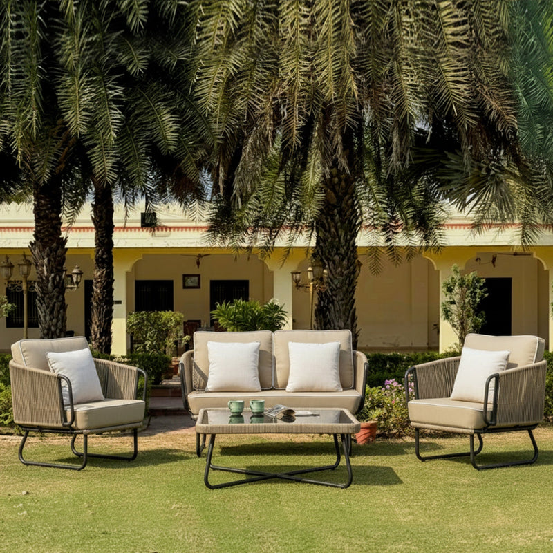 Pinon Outdoor Garden Balcony Sofa Set 2 Seater , 2 Single Seater 1 Center Table Set (Beige) Braided and Rope