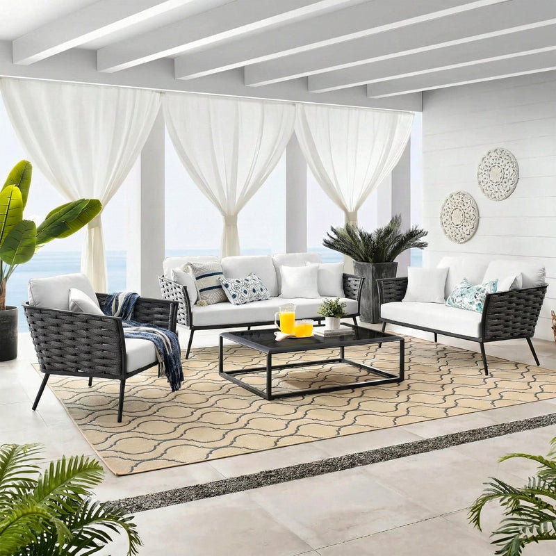 Belly Outdoor Garden Balcony Sofa Set 3 Seater,2 seater and Single Seater With 1 Table Set, Braid & Rope (Grey)