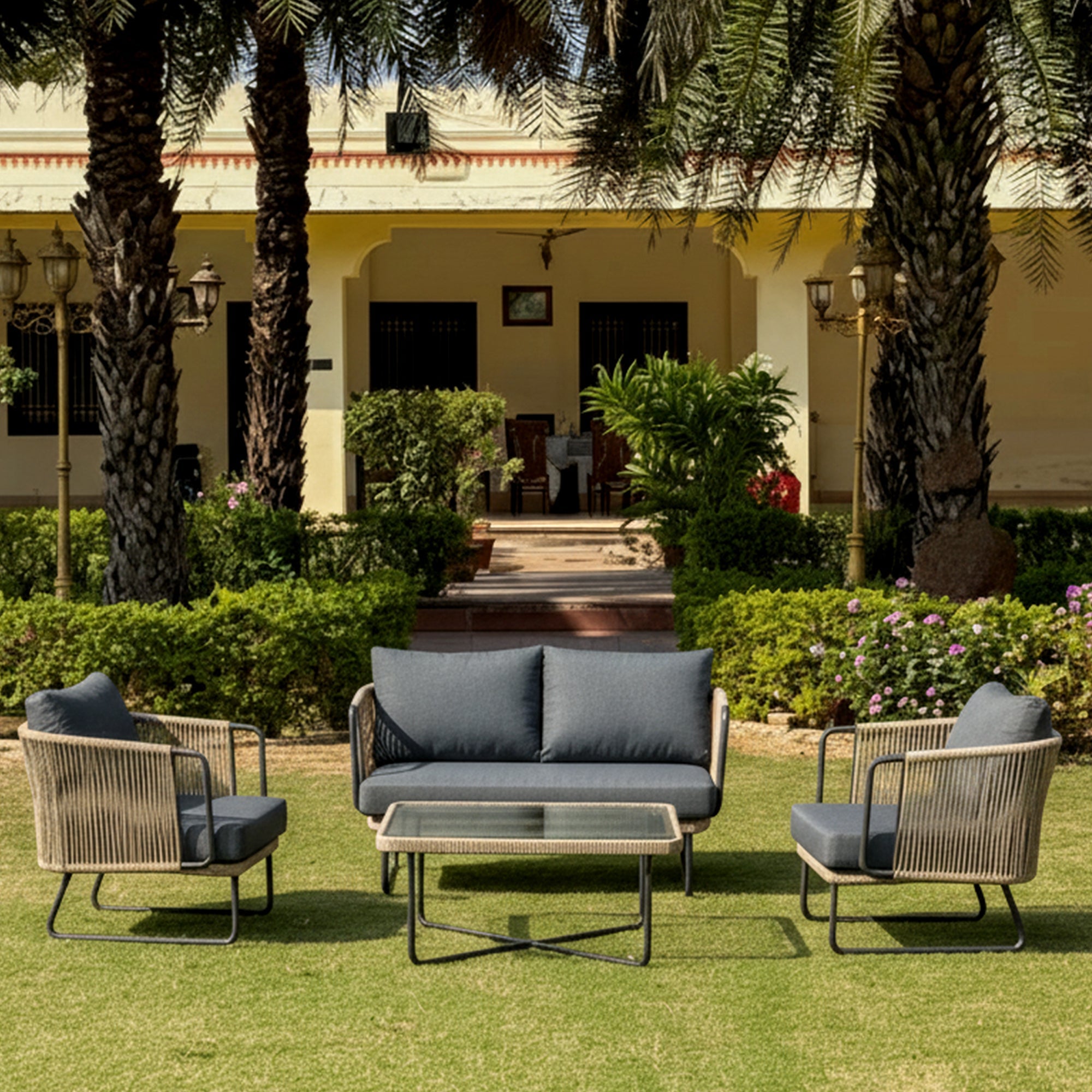 Belle Outdoor Garden Balcony Sofa Set 2 Seater , 2 Single Seater 1 Center Table Set (Dark Grey) Braided and Rope