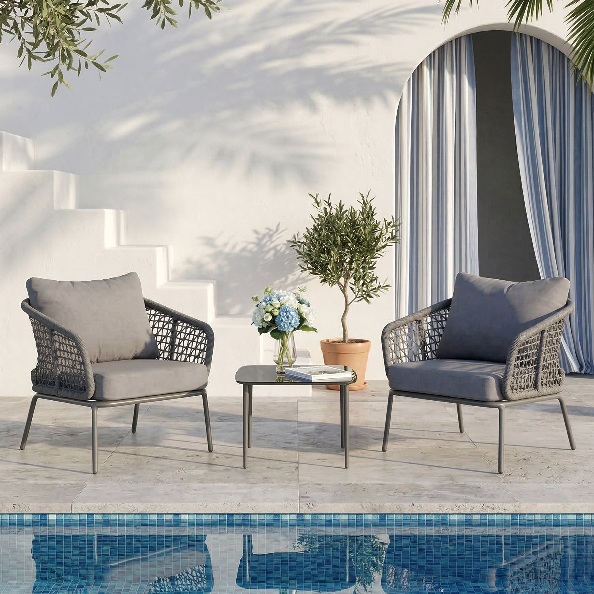 Filix Outdoor Patio Seating Set 2 Chairs and 1 Table Set (Grey) Braided & Rope