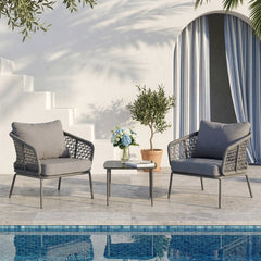 Filix Outdoor Patio Seating Set 2 Chairs and 1 Table Set (Grey) Braided & Rope