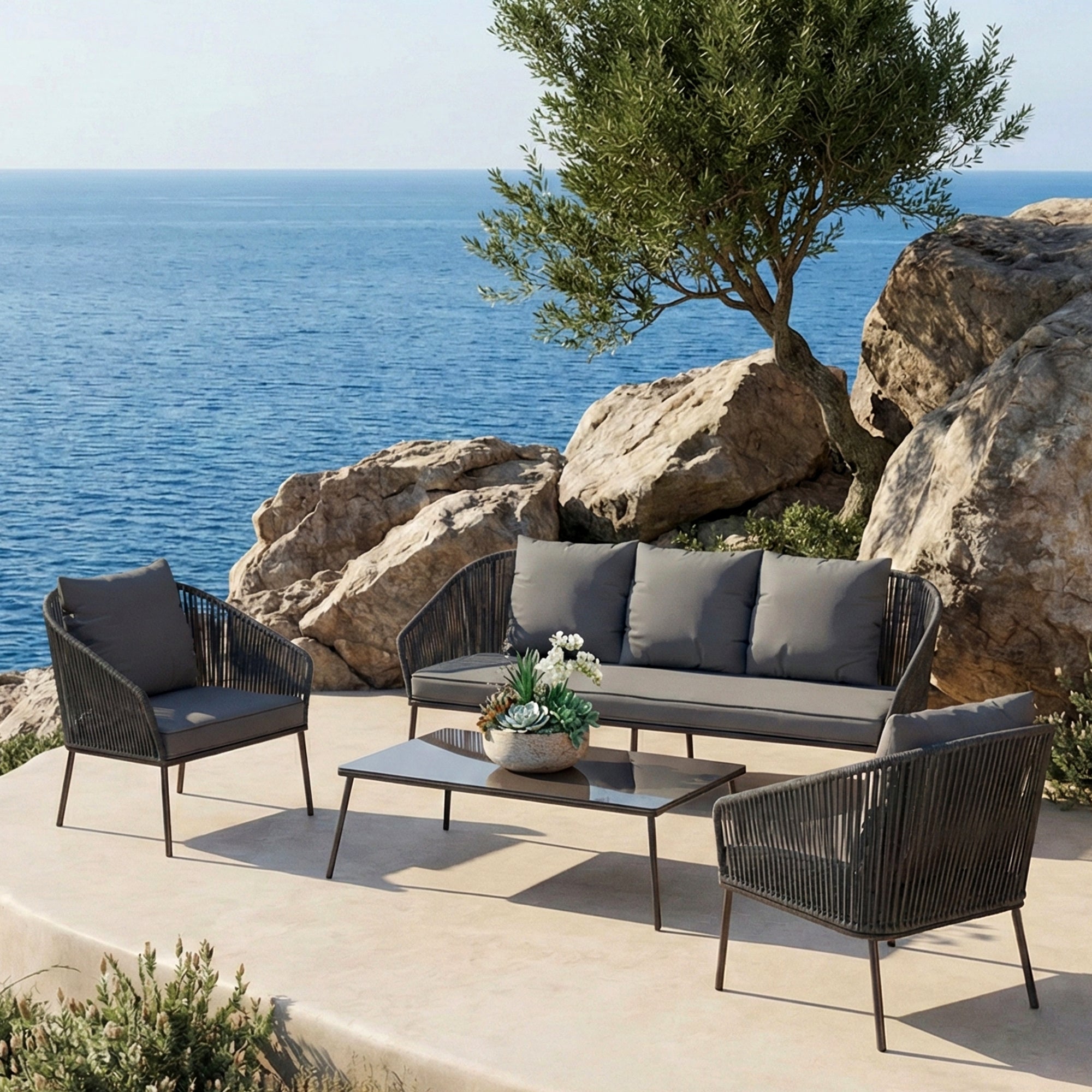 Shed Outdoor Sofa Set 3 Seater , 2 Single seater and 1 Center Table Set (Dark grey) Braided & Rope