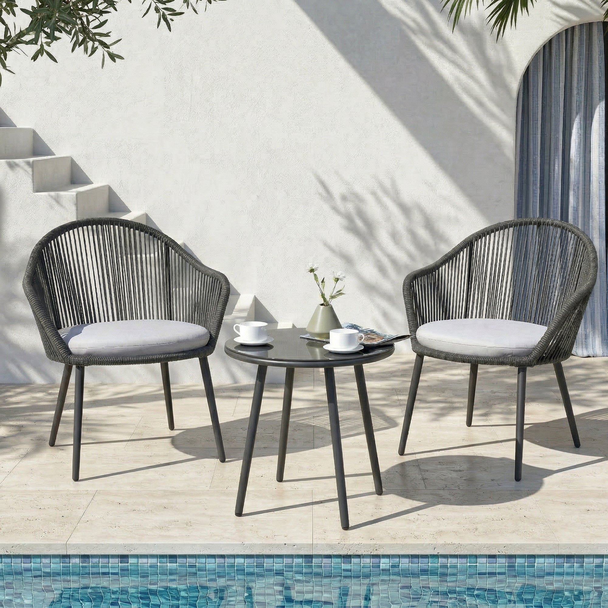 Conti Outdoor Patio Seating Set 2 Chairs and 1 Table Set (Grey) Braided & Rope