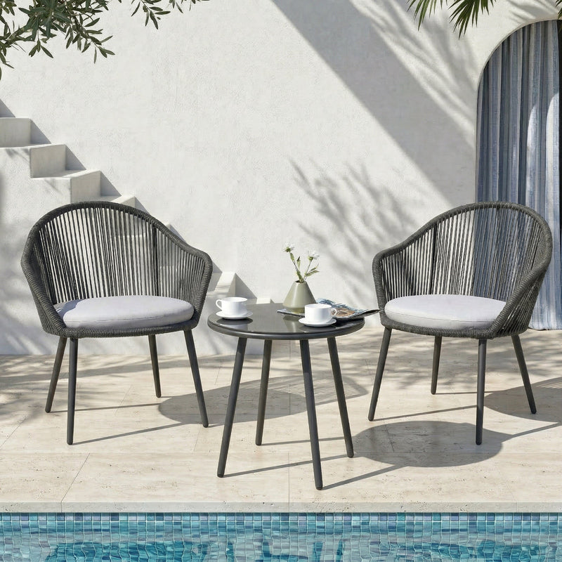 Conti Outdoor Patio Seating Set 2 Chairs and 1 Table Set (Grey) Braided & Rope