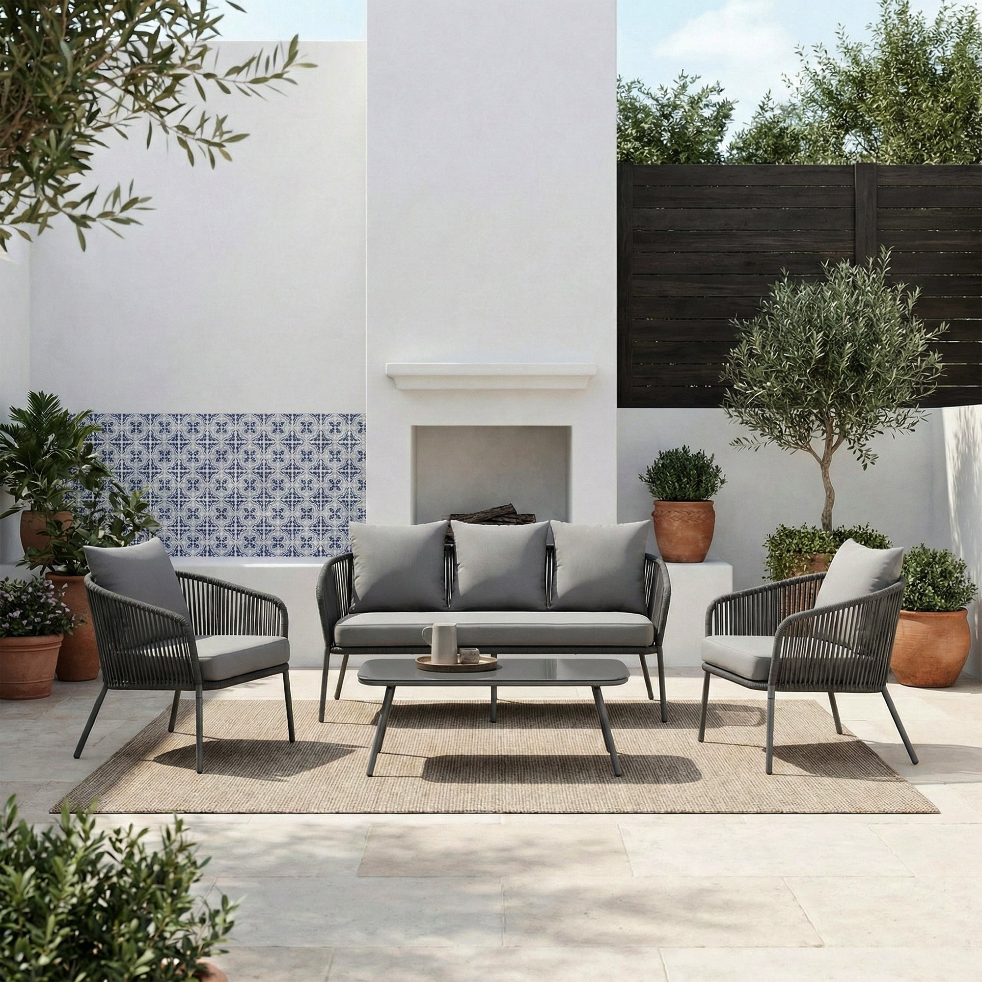 Akva Outdoor Sofa Set 3 Seater , 2 Single seater and 1 Center Table Set (Grey) Braided & Rope