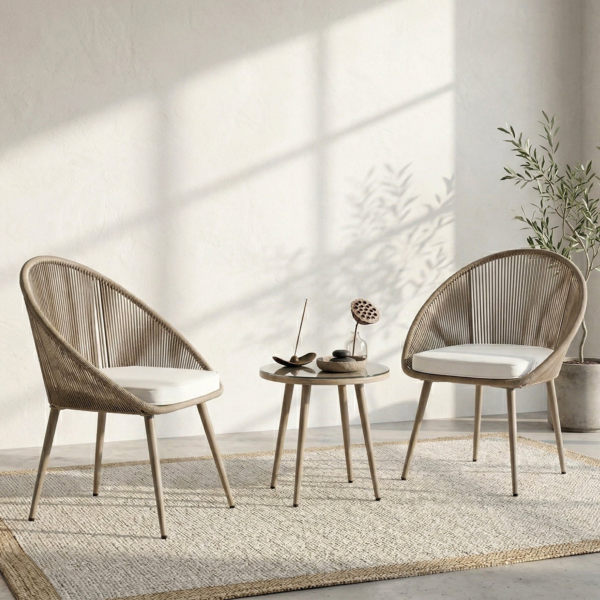 Molo Outdoor Patio Seating Set 2 Chairs and 1 Table Set (Beige) Braided & Rope
