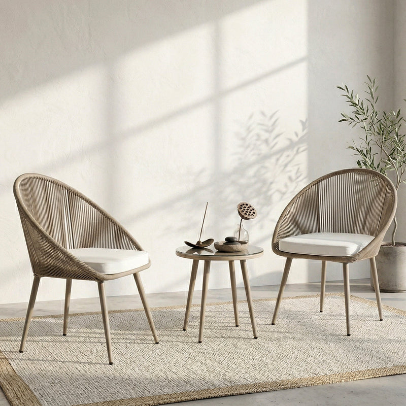 Molo Outdoor Patio Seating Set 2 Chairs and 1 Table Set (Beige) Braided & Rope