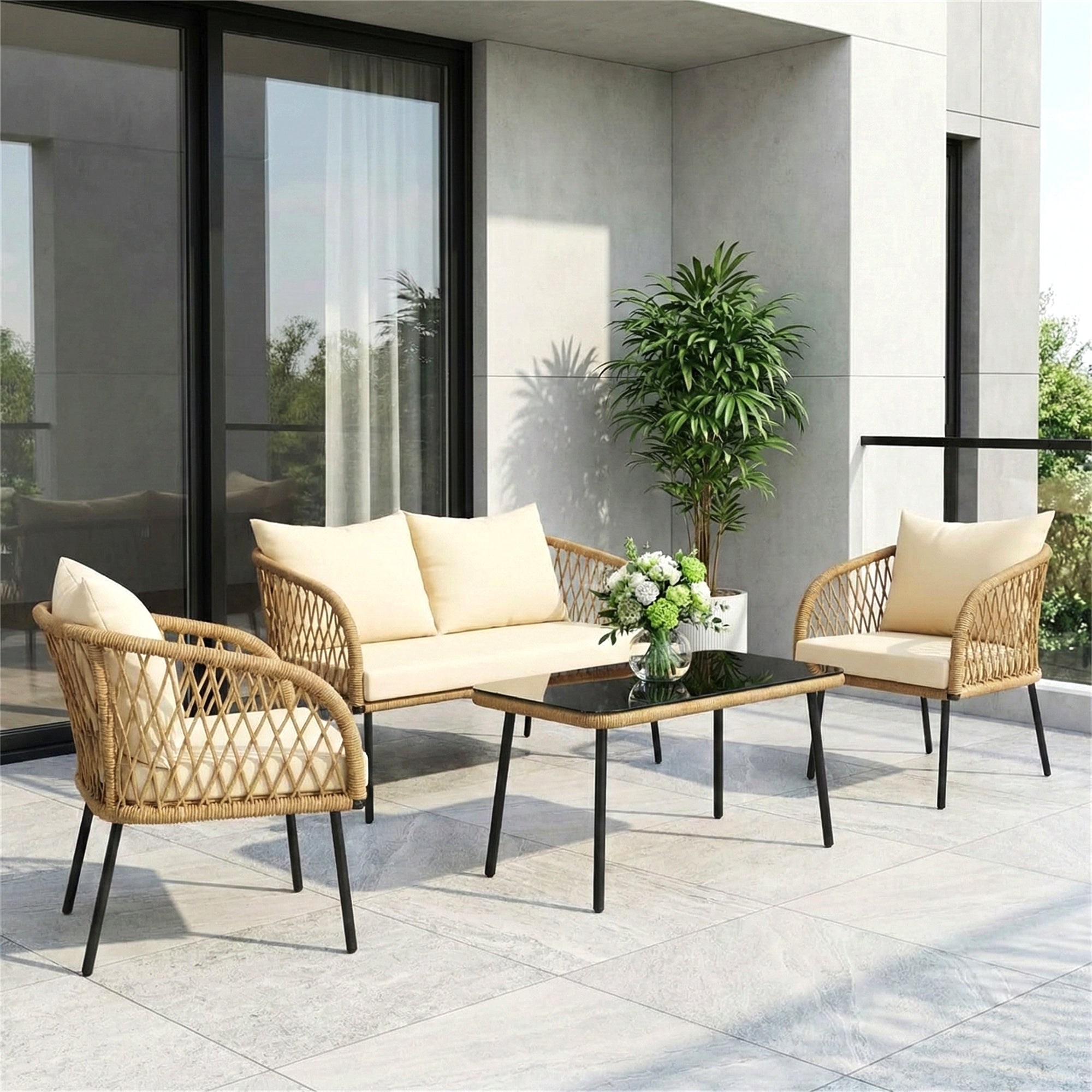 Kanto Outdoor Garden Balcony Sofa Set 2 Seater , 2 Single Seater 1 Center Table Braided and Rope