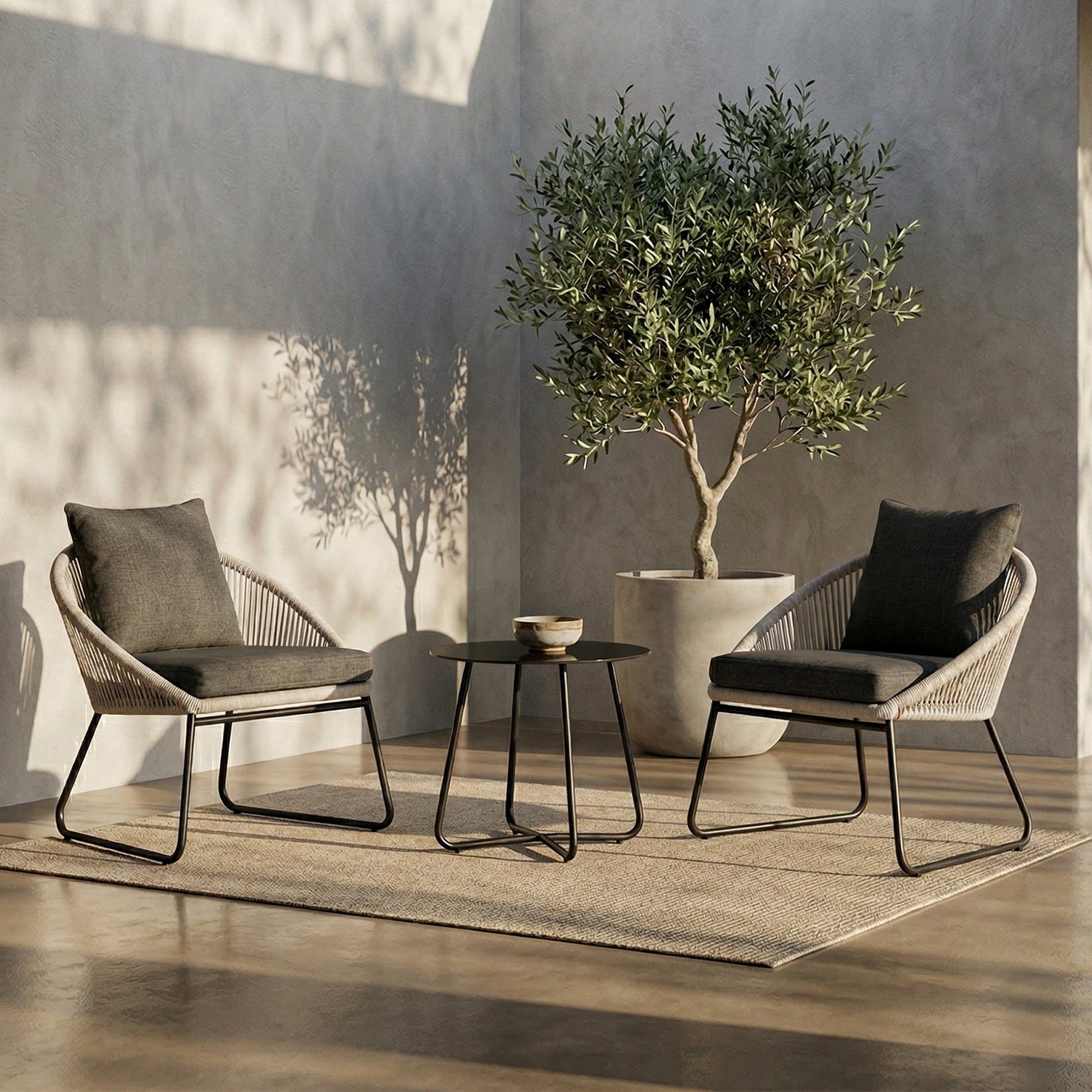 Neva Outdoor Patio Seating Set 2 Chairs and 1 Table Set (Grey) Braided & Rope