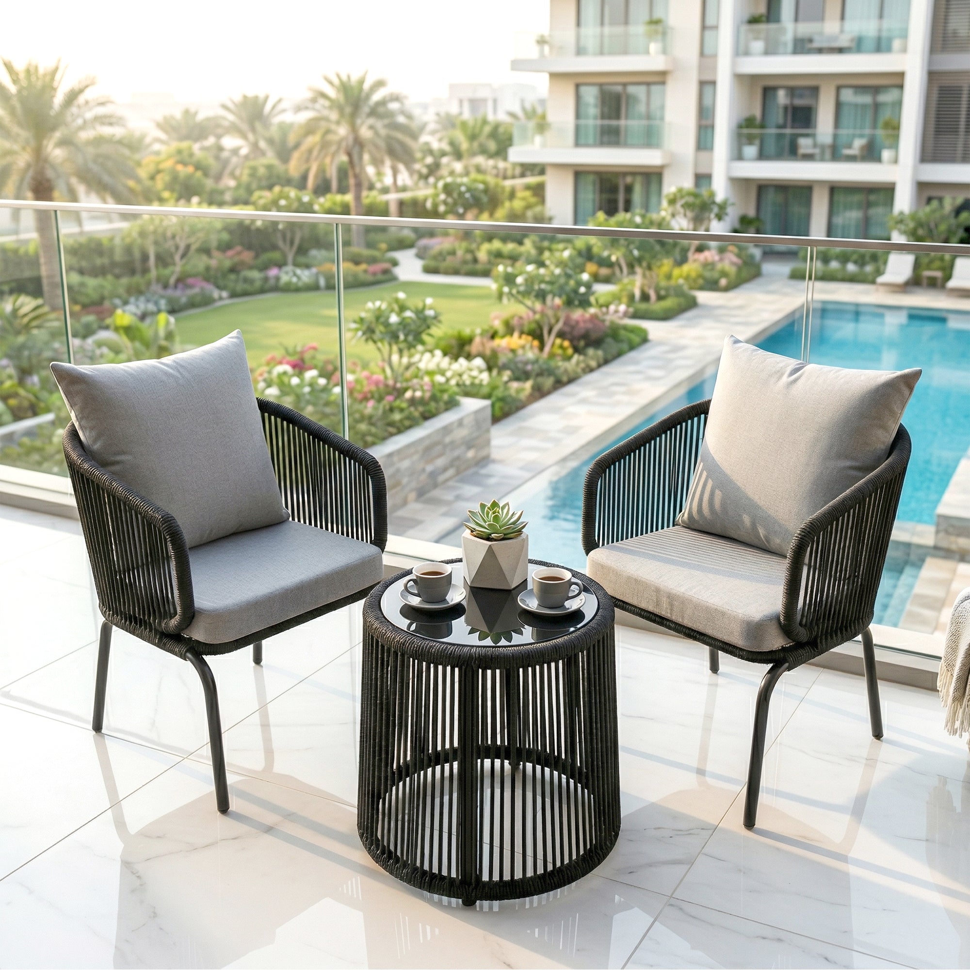 Luigi Outdoor Patio Seating Set 2 Chairs and 1 Table Set (Black) Braided & Rope
