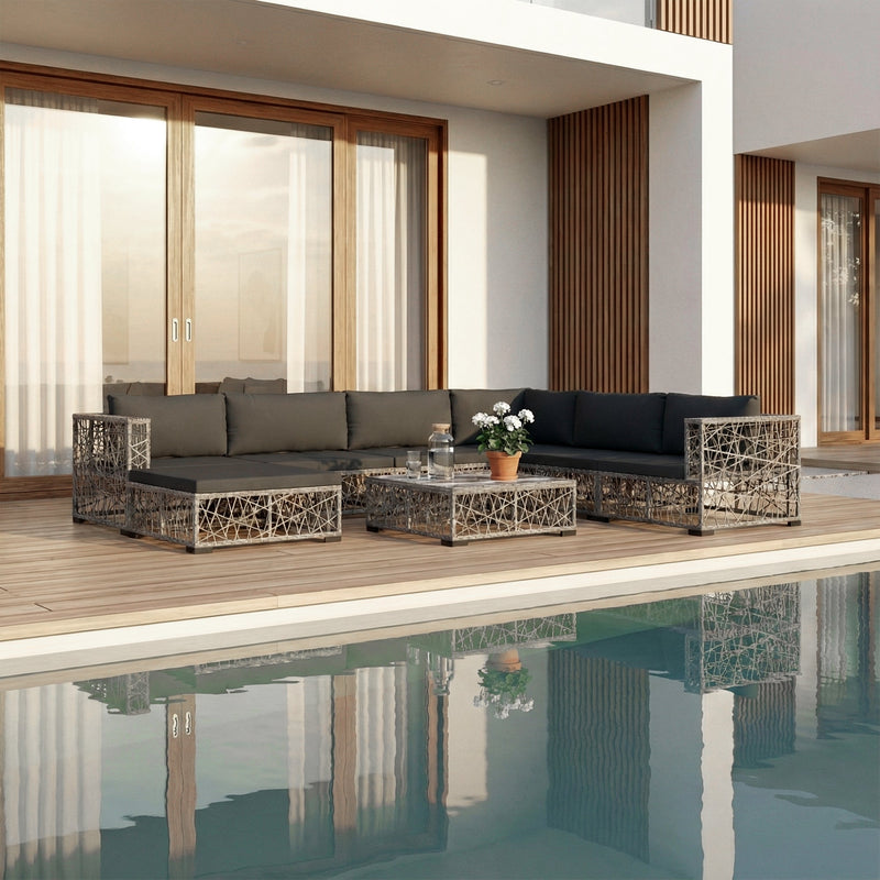 Myca Outdoor Garden Balcony Sofa Set 6 Seater with 1 Ottoman and 1 Center Table Set (Grey)
