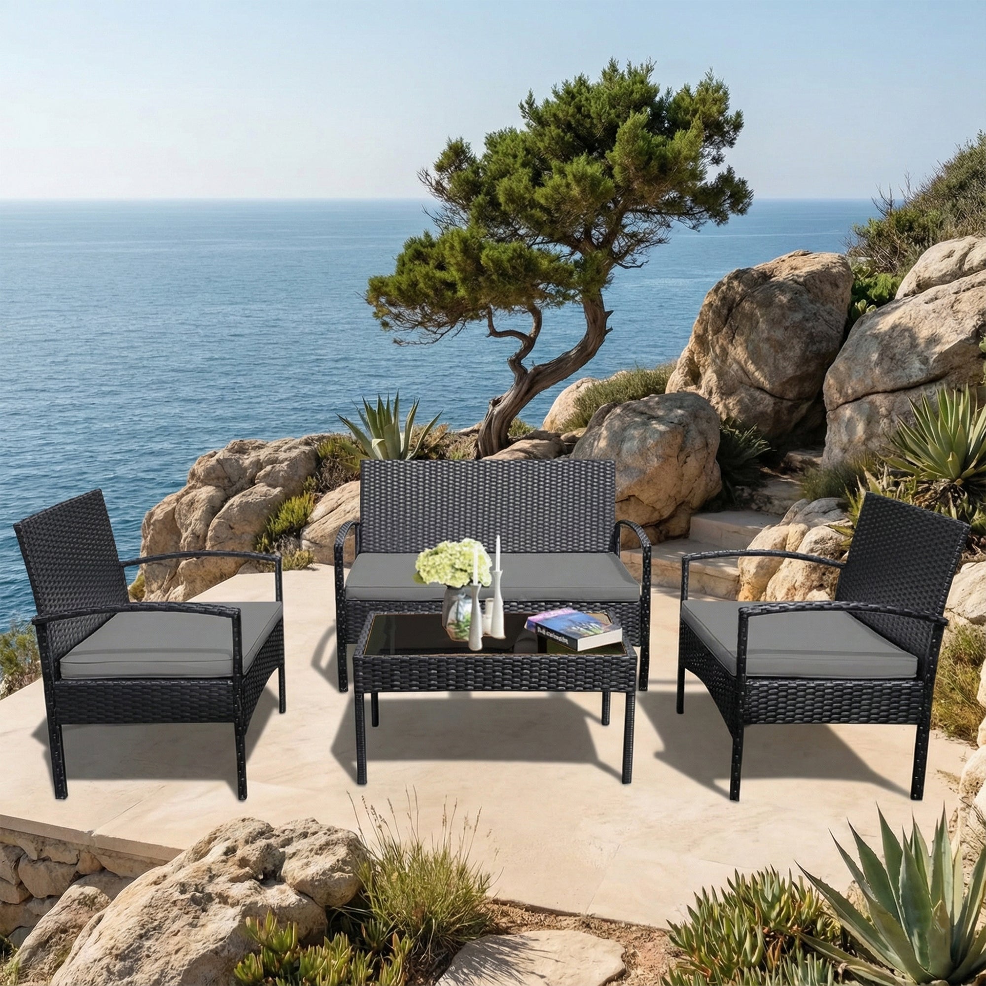Gaetano Outdoor Sofa Set 2 Seater , 2 Single seater and 1 Center Table (Black)