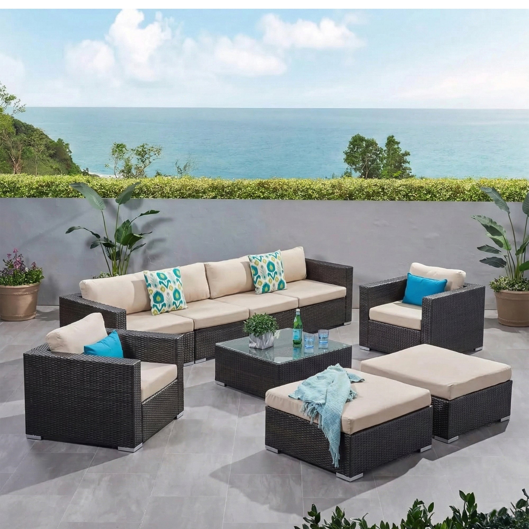 Mimi Outdoor Garden Balcony Sofa Set  4 Seater, 2 Single Seater with 2 ottoman and 1 Center Table Set (Brown)