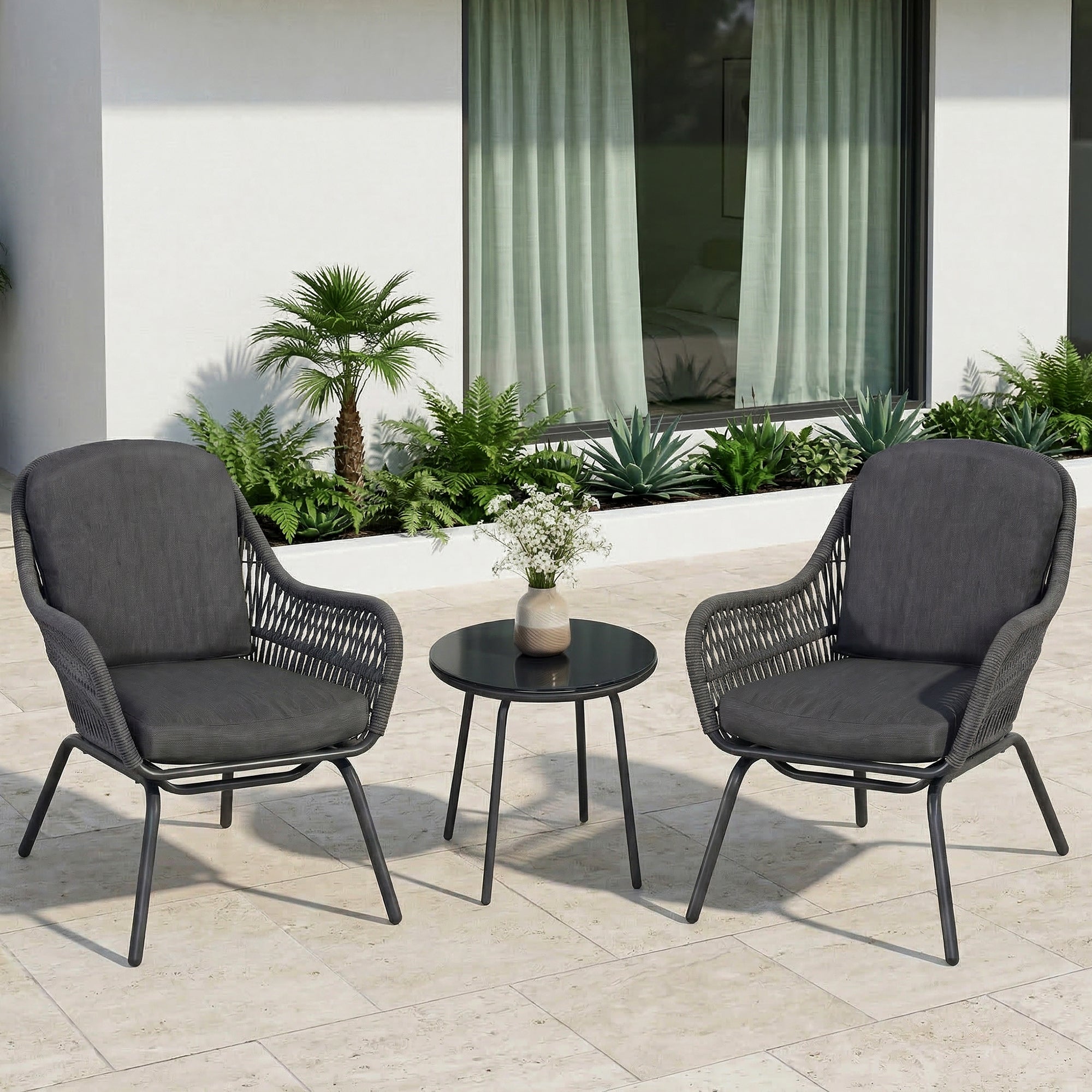 Pillar Outdoor Patio Seating Set 2 Chairs and 1 Table Set (Dark Grey) Braided & Rope