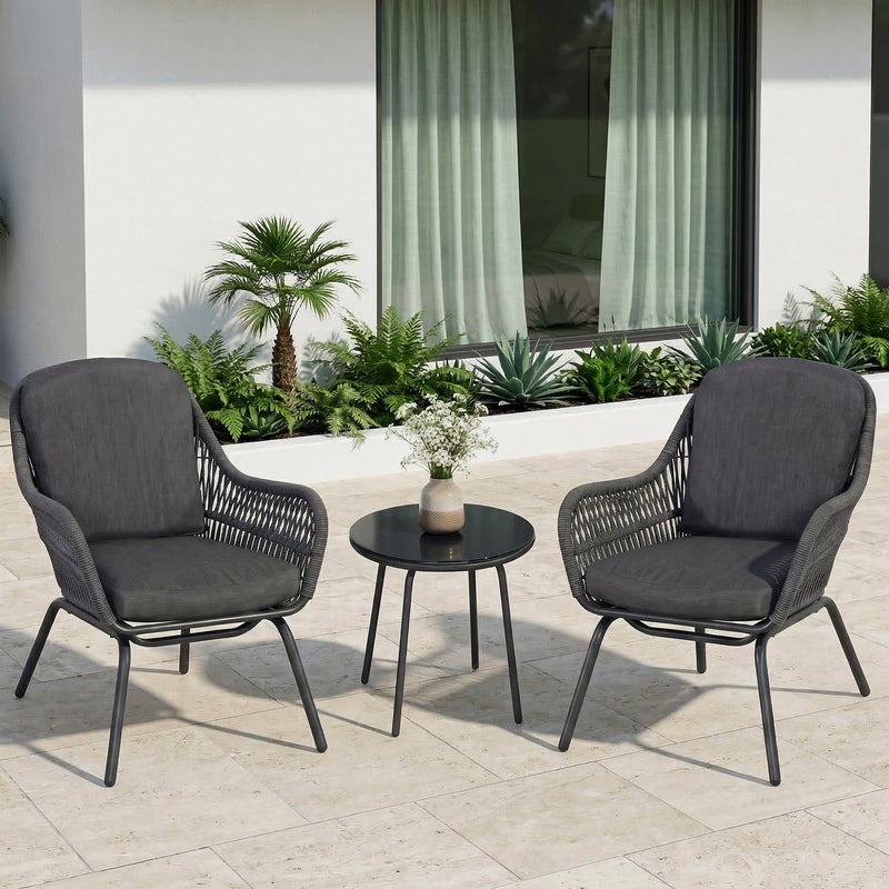Pillar Outdoor Patio Seating Set 2 Chairs and 1 Table Set (Dark Grey) Braided & Rope