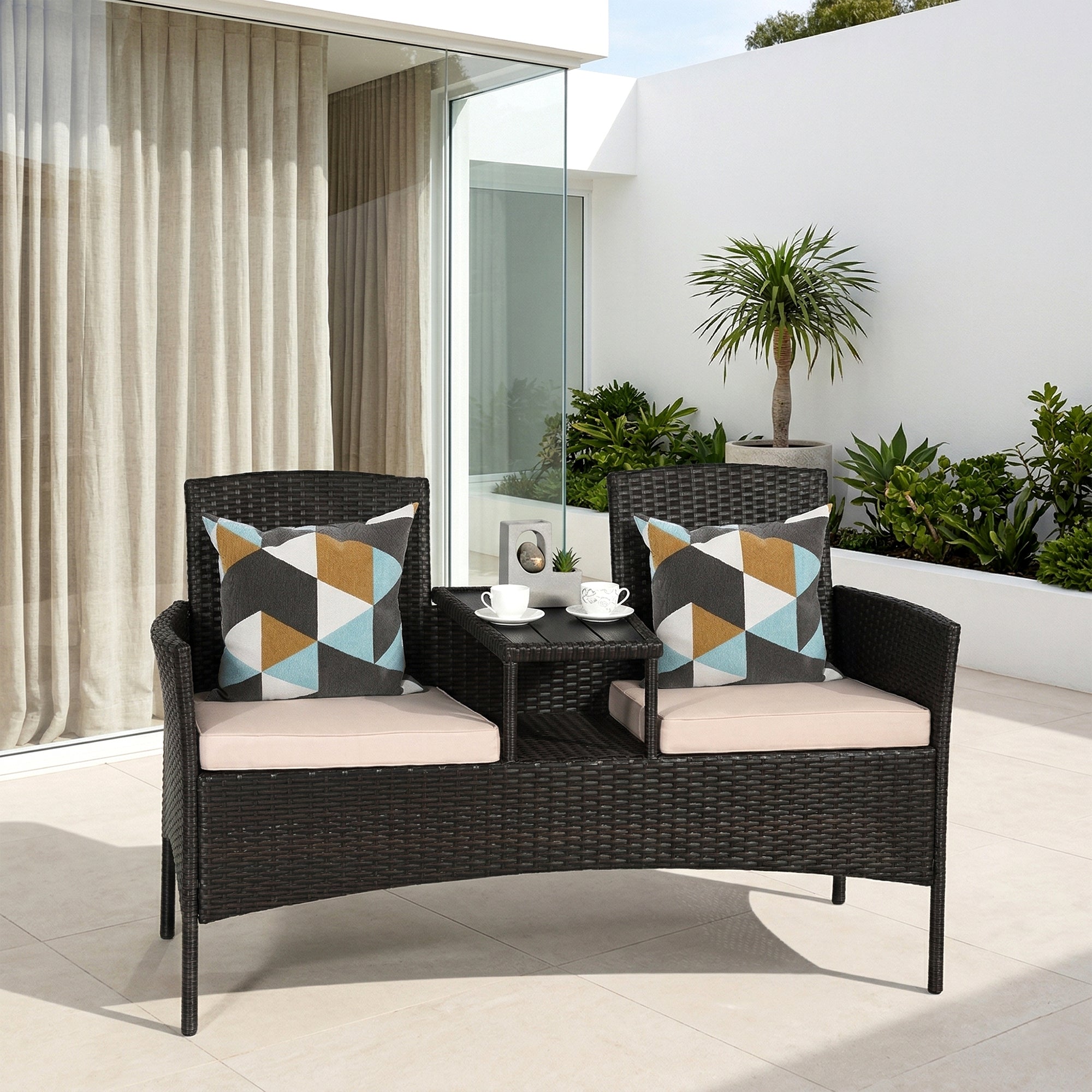 Dreamline Outdoor Furniture Garden Patio Seating Set of 2 Attached Chairs and Table Set Balcony Furniture Coffee Table Set(Black)