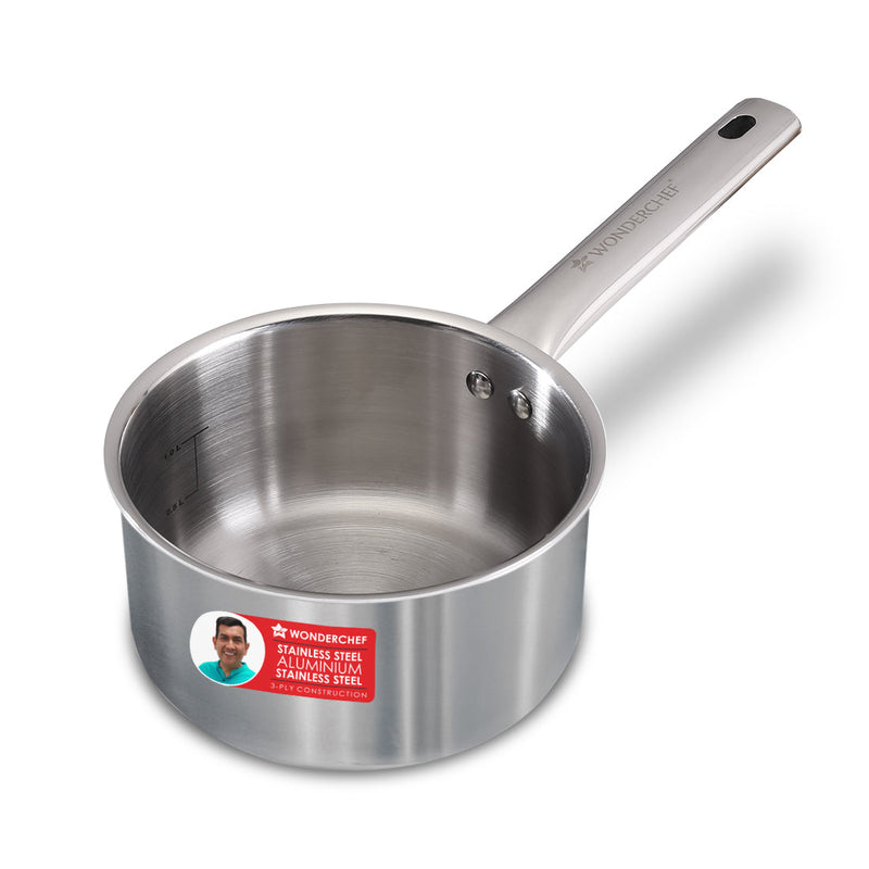 Wonderchef Stella Triply Stainless Steel Milk Pan | 16 cm, 1.7 Litres | Compatible with Gas Stove, Induction, Ceramic Co