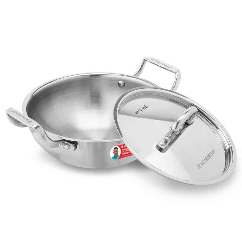 Stella Triply Stainless Steel Kadhai with Lid | 20 cm, 1.6 Litres | Compatible with Gas Stove, Induction, Ceramic Cooktop | Non-toxic | Heavy-duty Handle | 10-year Warranty