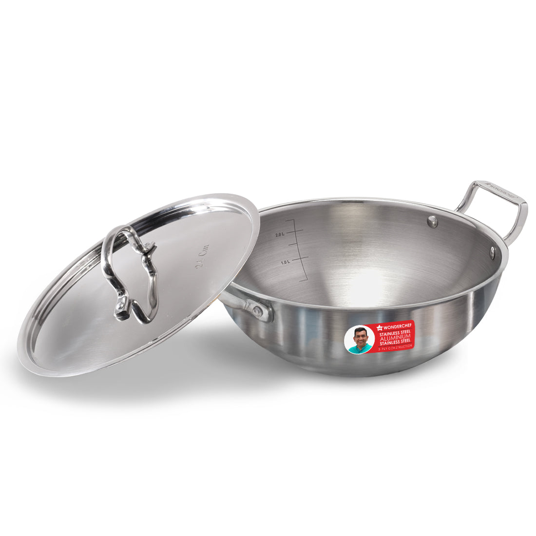 Stella Triply Stainless Steel Kadhai with Lid | 24 cm, 3 Litres | Compatible with Gas Stove, Induction, Ceramic Cooktop | Non-toxic | Uniform Heating | Heavy-duty Handle | 10-year Warranty
