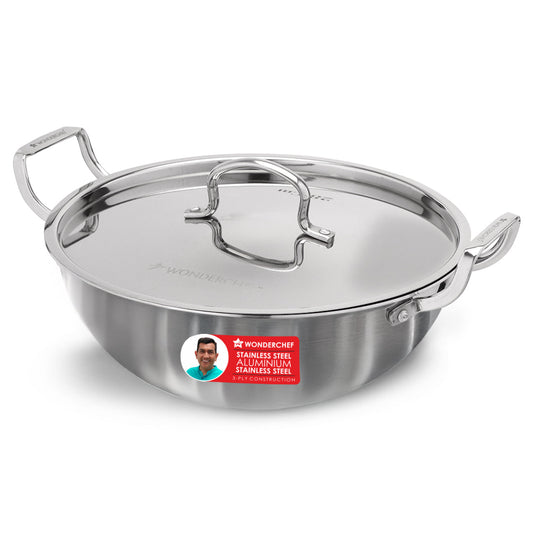 Stella Triply Stainless Steel Kadhai with Lid | 28 cm, 4.5 Litres | Compatible with Gas Stove, Induction, Ceramic Cooktop | Non-toxic | Heavy-duty Handle | 10-year Warranty