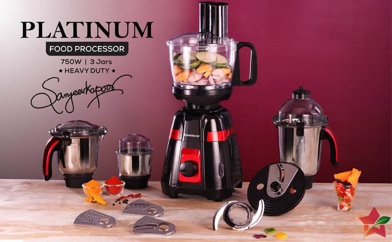 Platinum Food Processor-Mixer-Grinder | 750W Copper Motor | Blades for Slicing, Shredding, Kneading, Juliennes, French-Fries | 4 Jars for Dry/Wet Grinding, Blending | 5 Yr Warranty on Motor